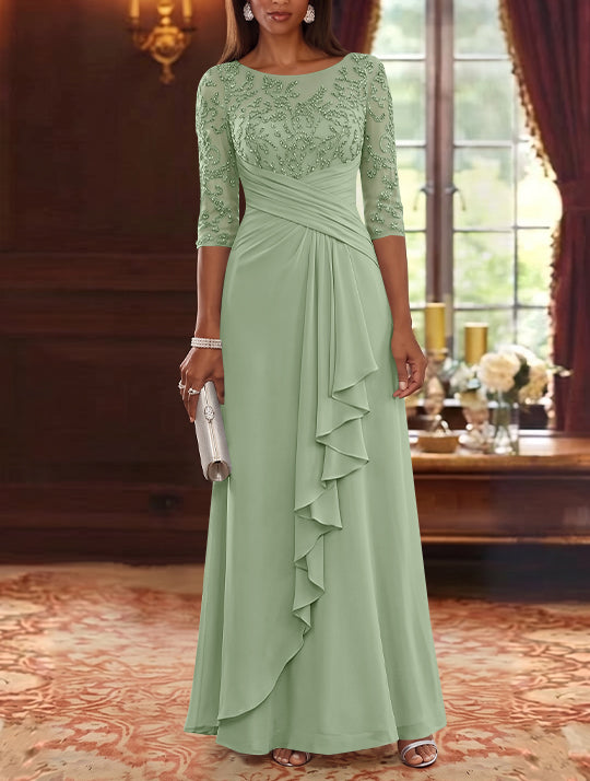 A-Line/Princess Scoop Chiffon Mother of the Bride Dresses Lace Sequins 3/4 Sleeves Ruffles Floor-Length