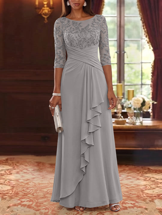 A-Line/Princess Scoop Chiffon Mother of the Bride Dresses Lace Sequins 3/4 Sleeves Ruffles Floor-Length