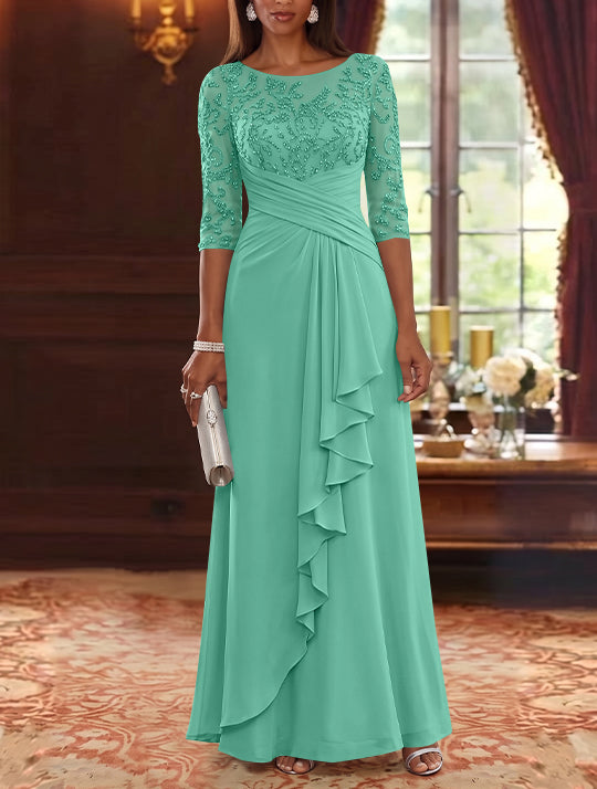 A-Line/Princess Scoop Chiffon Mother of the Bride Dresses Lace Sequins 3/4 Sleeves Ruffles Floor-Length