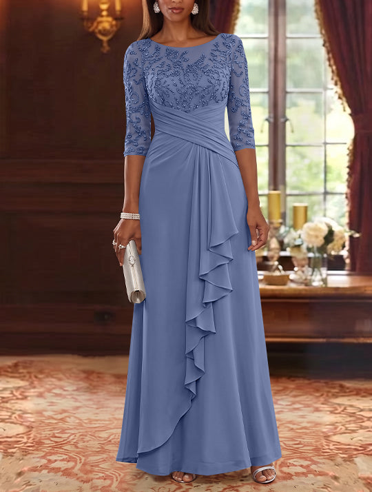 A-Line/Princess Scoop Chiffon Mother of the Bride Dresses Lace Sequins 3/4 Sleeves Ruffles Floor-Length
