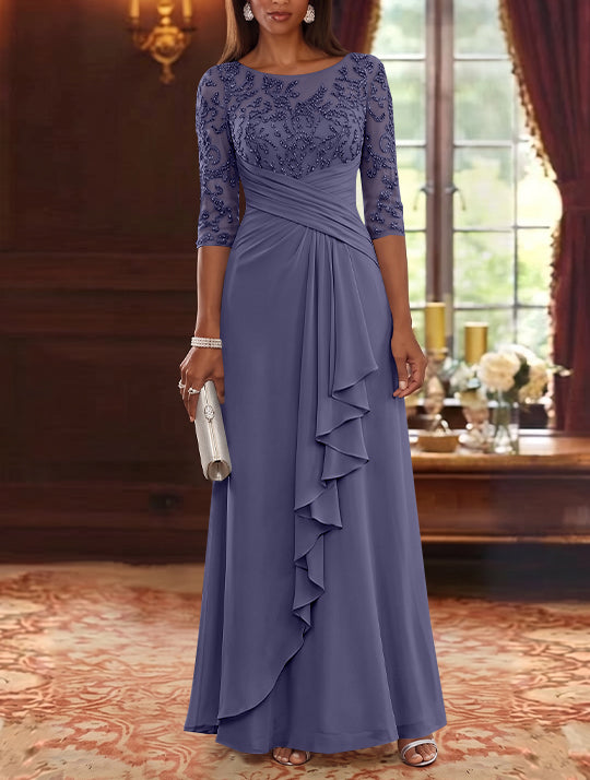 A-Line/Princess Scoop Chiffon Mother of the Bride Dresses Lace Sequins 3/4 Sleeves Ruffles Floor-Length
