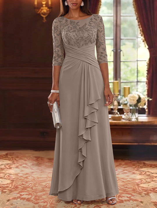 A-Line/Princess Scoop Chiffon Mother of the Bride Dresses Lace Sequins 3/4 Sleeves Ruffles Floor-Length