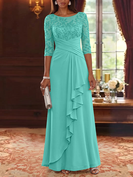 A-Line/Princess Scoop Chiffon Mother of the Bride Dresses Lace Sequins 3/4 Sleeves Ruffles Floor-Length