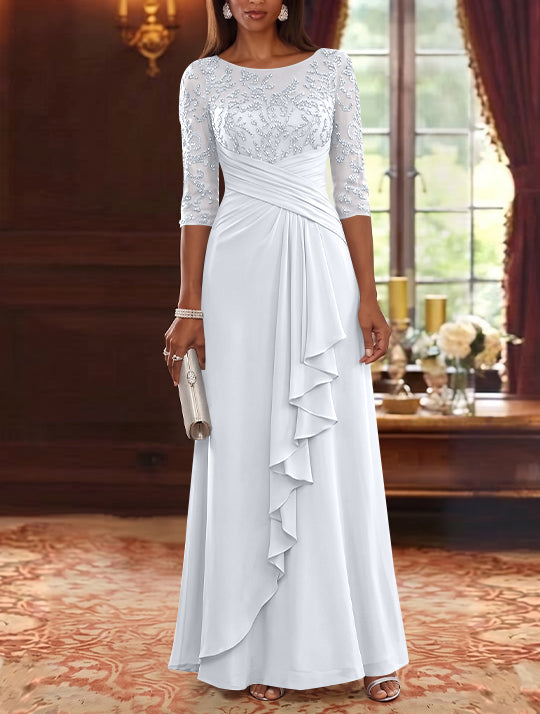 A-Line/Princess Scoop Chiffon Mother of the Bride Dresses Lace Sequins 3/4 Sleeves Ruffles Floor-Length