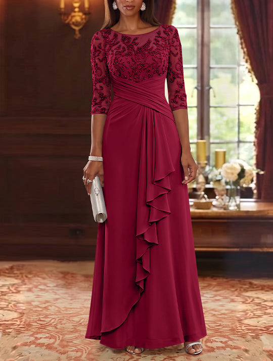 A-Line/Princess Scoop Chiffon Mother of the Bride Dresses Lace Sequins 3/4 Sleeves Ruffles Floor-Length