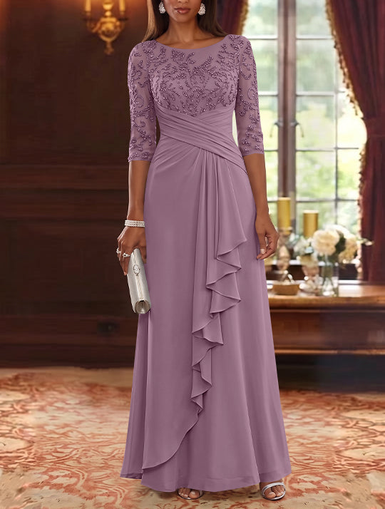 A-Line/Princess Scoop Chiffon Mother of the Bride Dresses Lace Sequins 3/4 Sleeves Ruffles Floor-Length