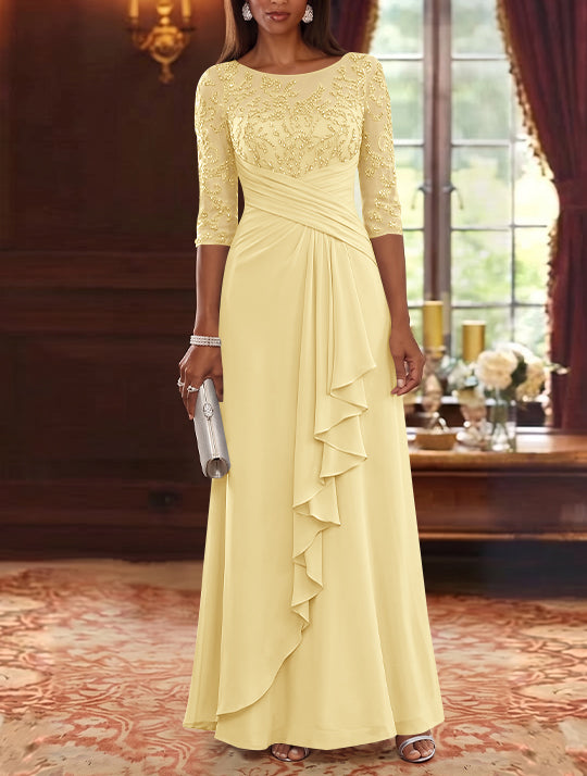 A-Line/Princess Scoop Chiffon Mother of the Bride Dresses Lace Sequins 3/4 Sleeves Ruffles Floor-Length