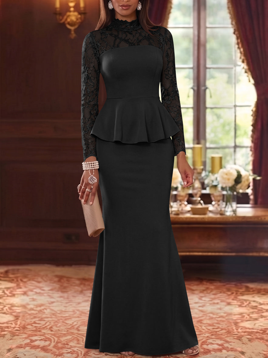 Trumpet/Mermaid Mock Neck Stretch Satin Mother of the Bride Dresses Lace Floor-Length Long Sleeves Ruffles