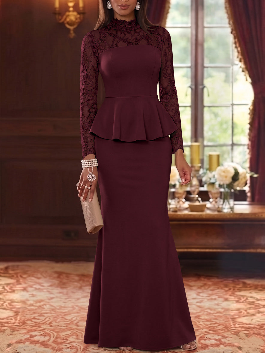 Trumpet/Mermaid Mock Neck Stretch Satin Mother of the Bride Dresses Lace Floor-Length Long Sleeves Ruffles