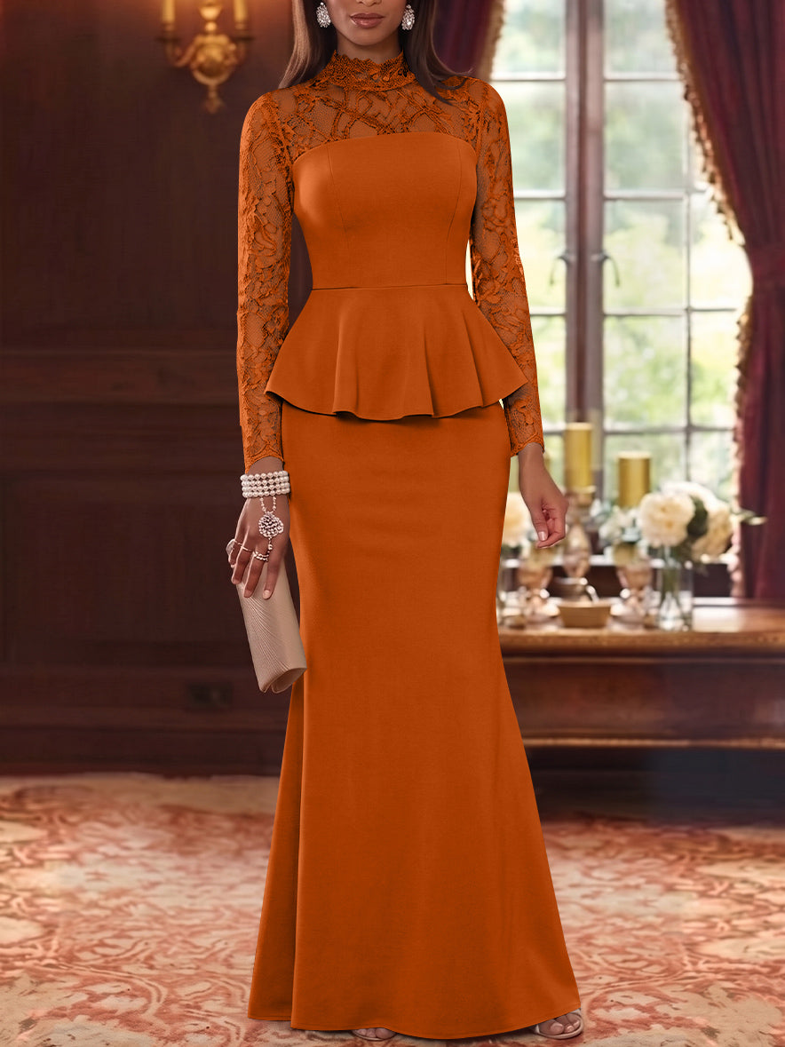 Trumpet/Mermaid Mock Neck Stretch Satin Mother of the Bride Dresses Lace Floor-Length Long Sleeves Ruffles