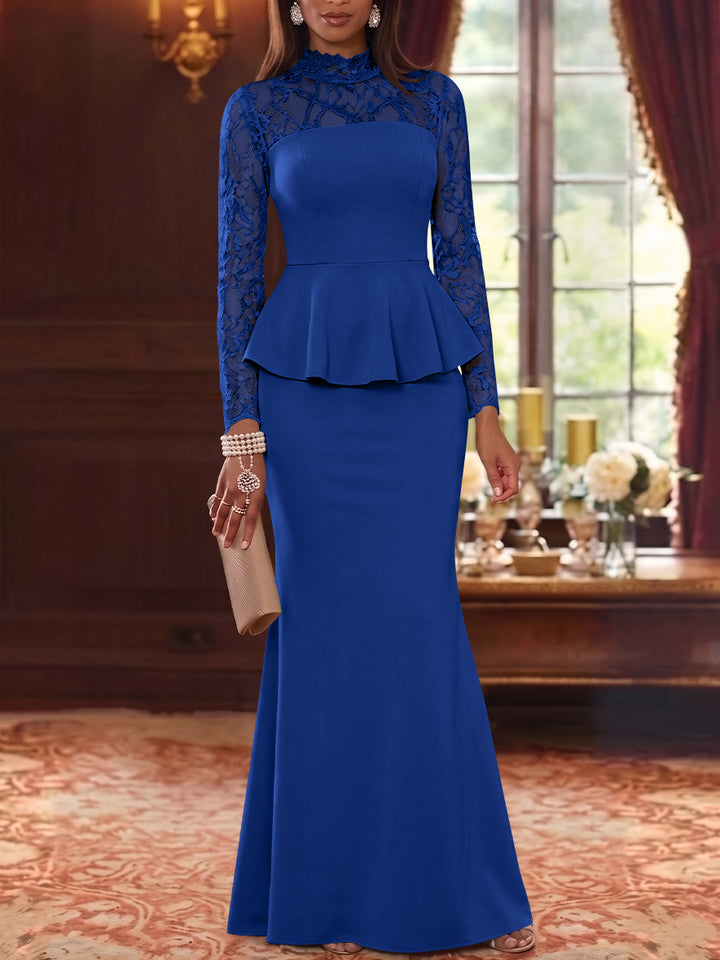 Trumpet/Mermaid Mock Neck Stretch Satin Mother of the Bride Dresses Lace Floor-Length Long Sleeves Ruffles
