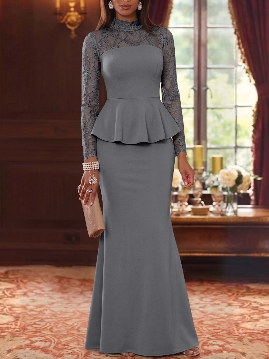 Trumpet/Mermaid Mock Neck Stretch Satin Mother of the Bride Dresses Lace Floor-Length Long Sleeves Ruffles