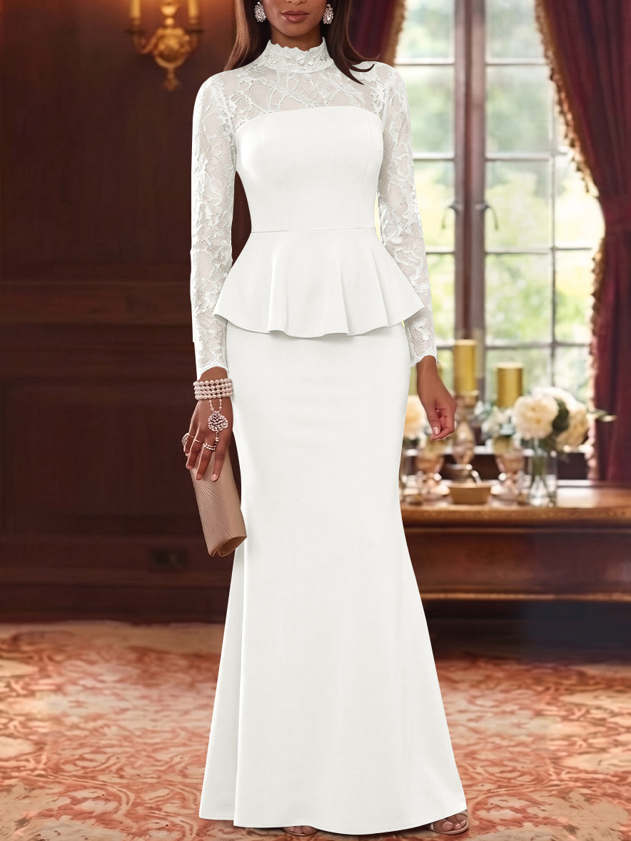 Trumpet/Mermaid Mock Neck Stretch Satin Mother of the Bride Dresses Lace Floor-Length Long Sleeves Ruffles