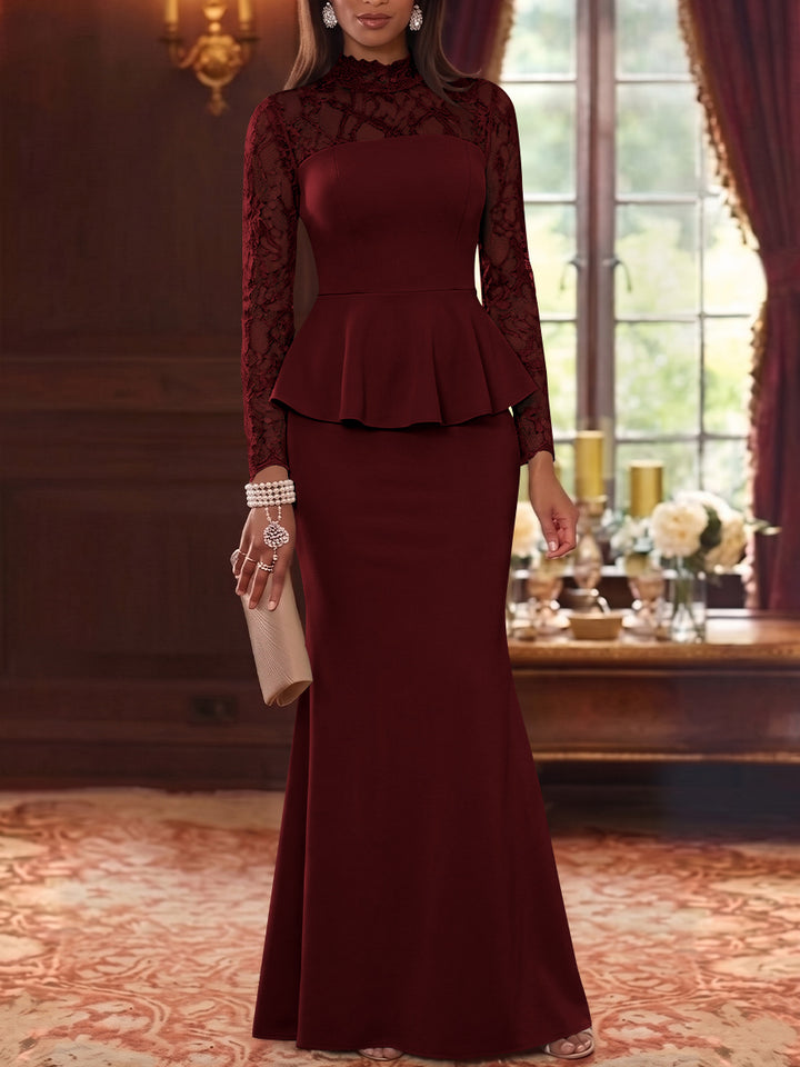 Trumpet/Mermaid Mock Neck Stretch Satin Mother of the Bride Dresses Lace Floor-Length Long Sleeves Ruffles