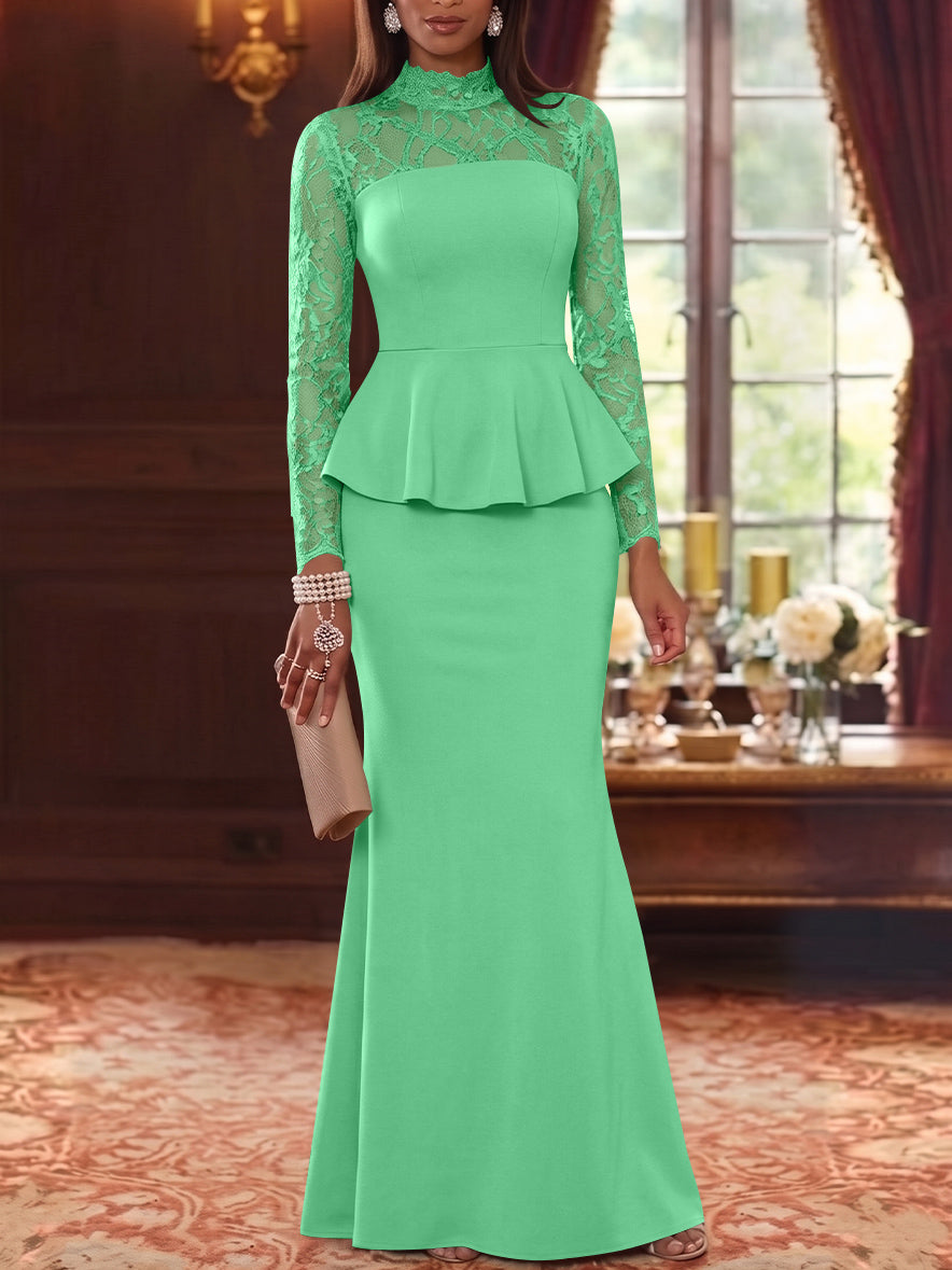 Trumpet/Mermaid Mock Neck Stretch Satin Mother of the Bride Dresses Lace Floor-Length Long Sleeves Ruffles