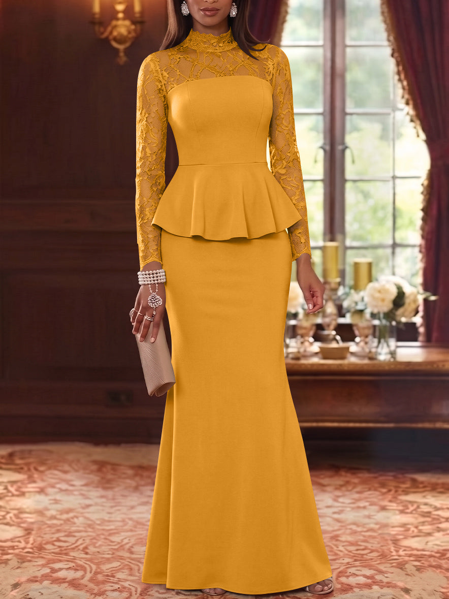 Trumpet/Mermaid Mock Neck Stretch Satin Mother of the Bride Dresses Lace Floor-Length Long Sleeves Ruffles