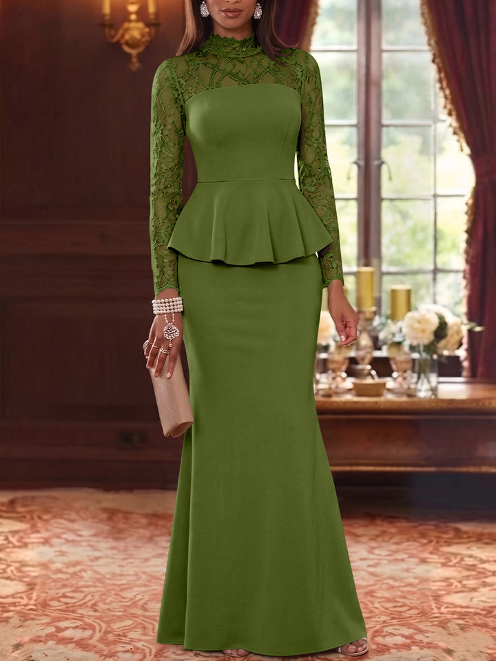 Trumpet/Mermaid Mock Neck Stretch Satin Mother of the Bride Dresses Lace Floor-Length Long Sleeves Ruffles