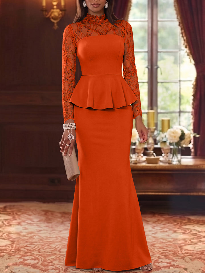 Trumpet/Mermaid Mock Neck Stretch Satin Mother of the Bride Dresses Lace Floor-Length Long Sleeves Ruffles