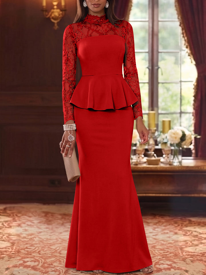 Trumpet/Mermaid Mock Neck Stretch Satin Mother of the Bride Dresses Lace Floor-Length Long Sleeves Ruffles