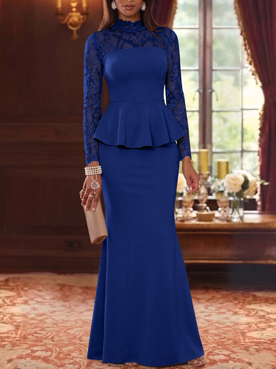 Trumpet/Mermaid Mock Neck Stretch Satin Mother of the Bride Dresses Lace Floor-Length Long Sleeves Ruffles