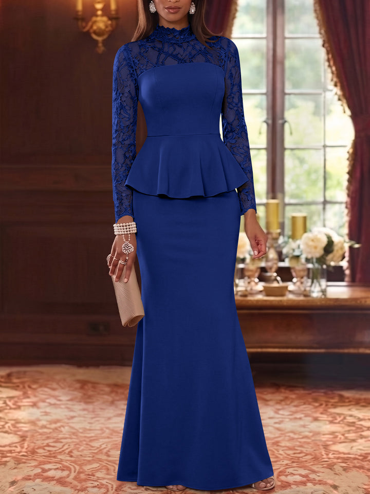 Trumpet/Mermaid Mock Neck Stretch Satin Mother of the Bride Dresses Lace Floor-Length Long Sleeves Ruffles