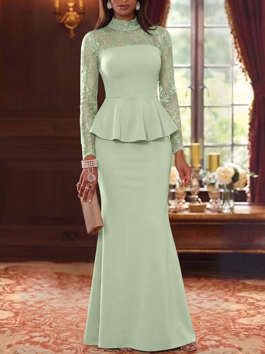 Trumpet/Mermaid Mock Neck Stretch Satin Mother of the Bride Dresses Lace Floor-Length Long Sleeves Ruffles