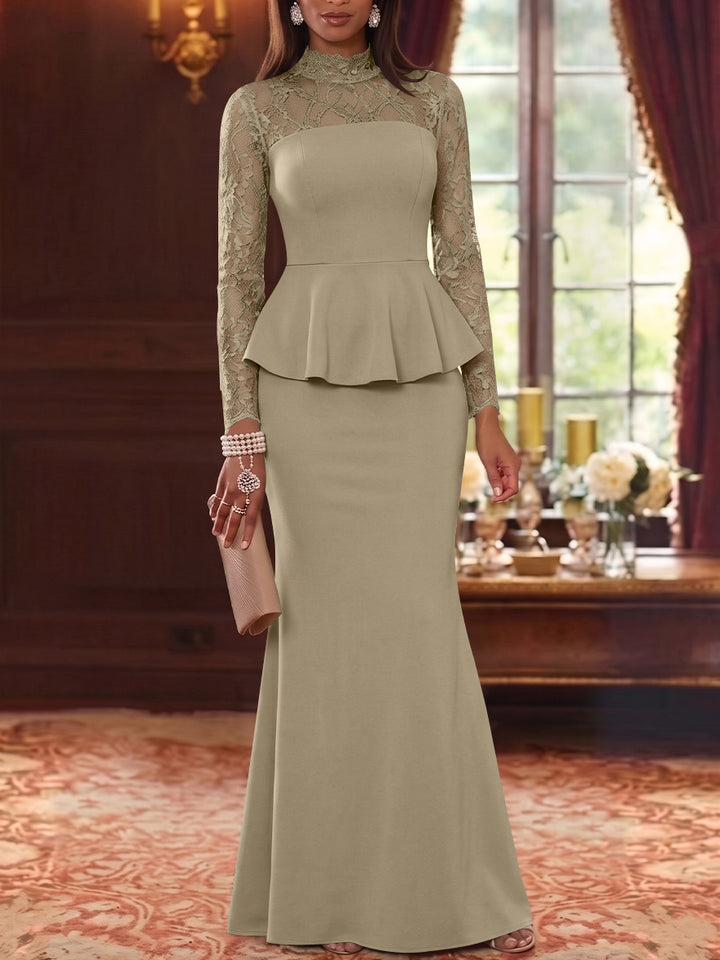 Trumpet/Mermaid Mock Neck Stretch Satin Mother of the Bride Dresses Lace Floor-Length Long Sleeves Ruffles