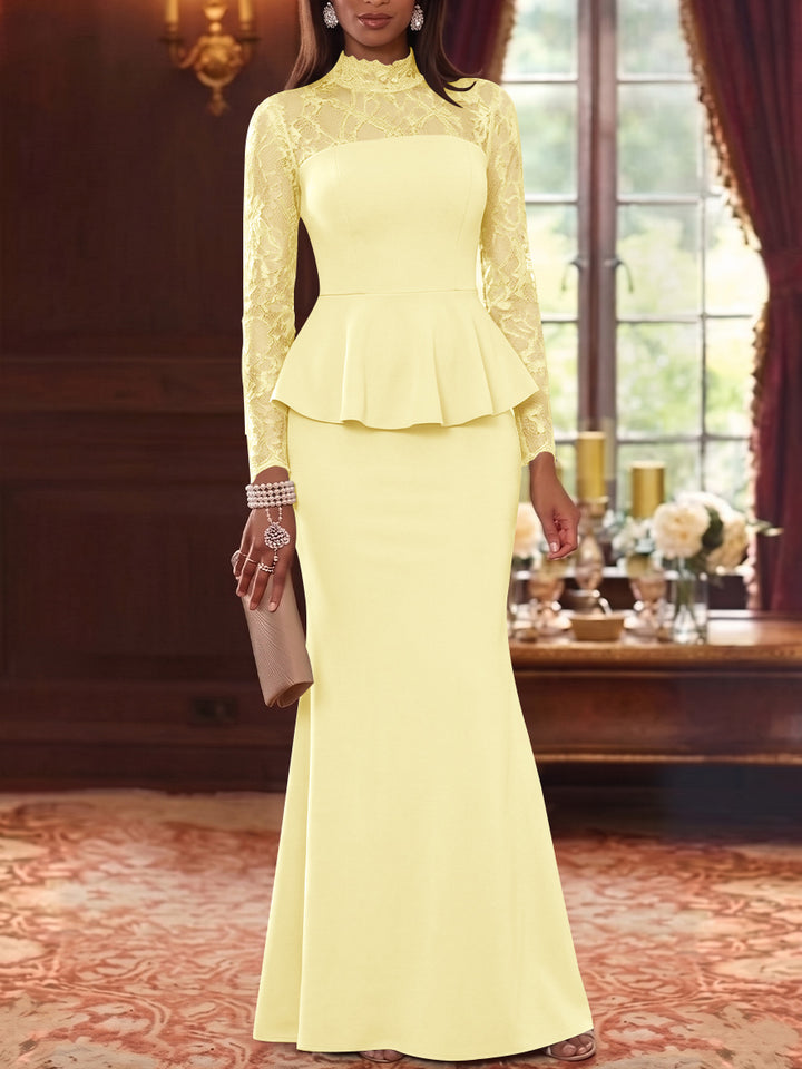 Trumpet/Mermaid Mock Neck Stretch Satin Mother of the Bride Dresses Lace Floor-Length Long Sleeves Ruffles