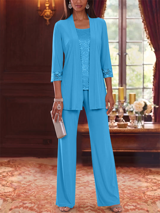 3 Pieces Scoop Chiffon Mother of the Bride Pantsuits with Jacket Lace 3/4 Sleeves Floor-Length