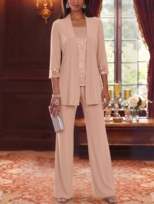 3 Pieces Scoop Chiffon Mother of the Bride Pantsuits with Jacket Lace 3/4 Sleeves Floor-Length