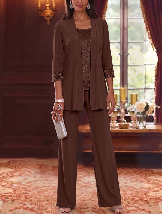 3 Pieces Scoop Chiffon Mother of the Bride Pantsuits with Jacket Lace 3/4 Sleeves Floor-Length