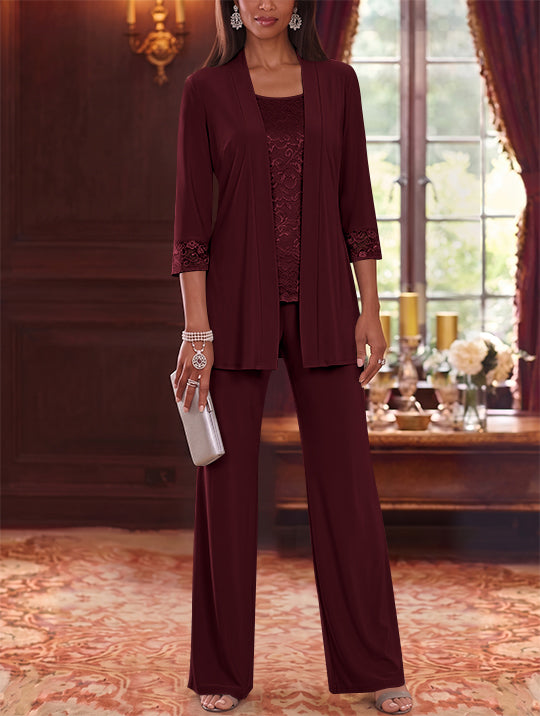 3 Pieces Scoop Chiffon Mother of the Bride Pantsuits with Jacket Lace 3/4 Sleeves Floor-Length
