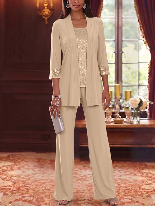 3 Pieces Scoop Chiffon Mother of the Bride Pantsuits with Jacket Lace 3/4 Sleeves Floor-Length