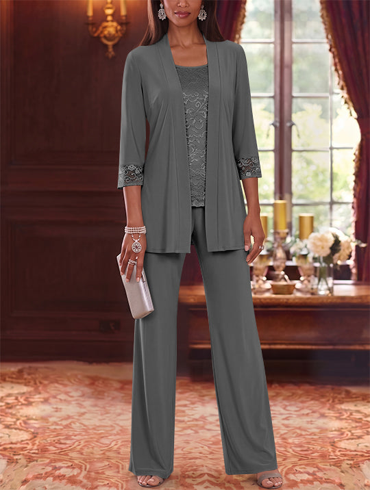3 Pieces Scoop Chiffon Mother of the Bride Pantsuits with Jacket Lace 3/4 Sleeves Floor-Length