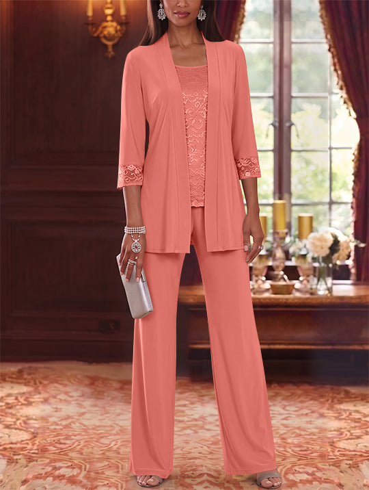 3 Pieces Scoop Chiffon Mother of the Bride Pantsuits with Jacket Lace 3/4 Sleeves Floor-Length