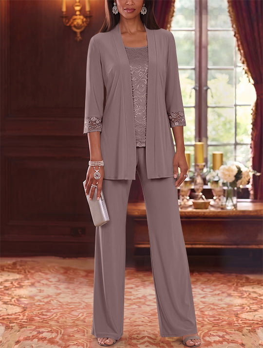 3 Pieces Scoop Chiffon Mother of the Bride Pantsuits with Jacket Lace 3/4 Sleeves Floor-Length