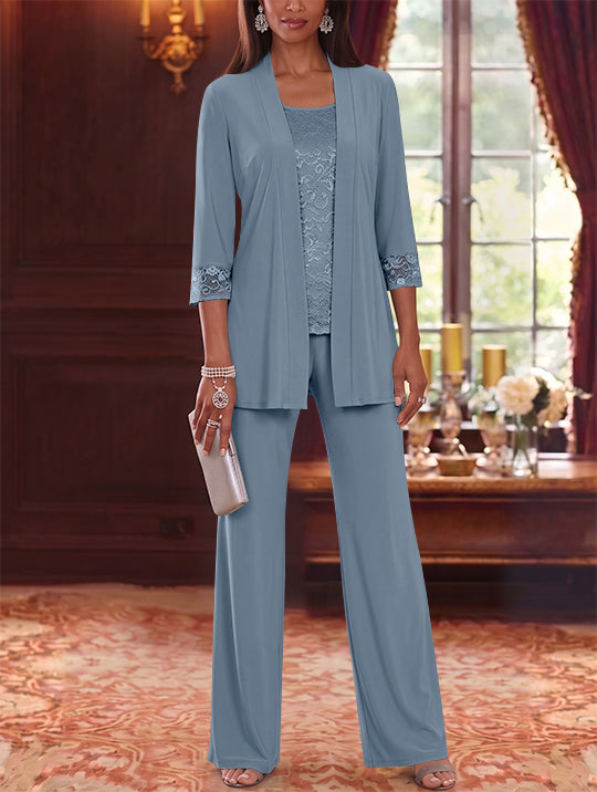 3 Pieces Scoop Chiffon Mother of the Bride Pantsuits with Jacket Lace 3/4 Sleeves Floor-Length