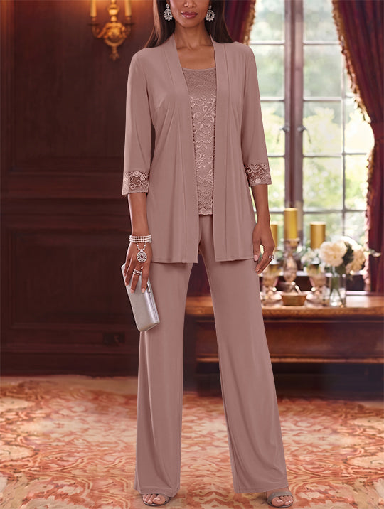 3 Pieces Scoop Chiffon Mother of the Bride Pantsuits with Jacket Lace 3/4 Sleeves Floor-Length
