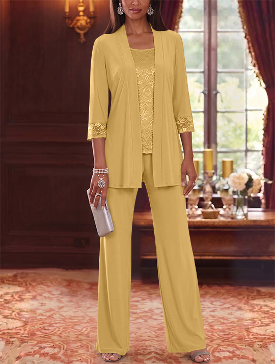 3 Pieces Scoop Chiffon Mother of the Bride Pantsuits with Jacket Lace 3/4 Sleeves Floor-Length