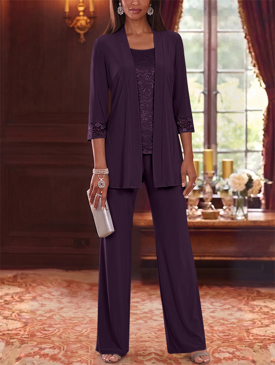 3 Pieces Scoop Chiffon Mother of the Bride Pantsuits with Jacket Lace 3/4 Sleeves Floor-Length