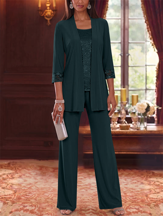 3 Pieces Scoop Chiffon Mother of the Bride Pantsuits with Jacket Lace 3/4 Sleeves Floor-Length