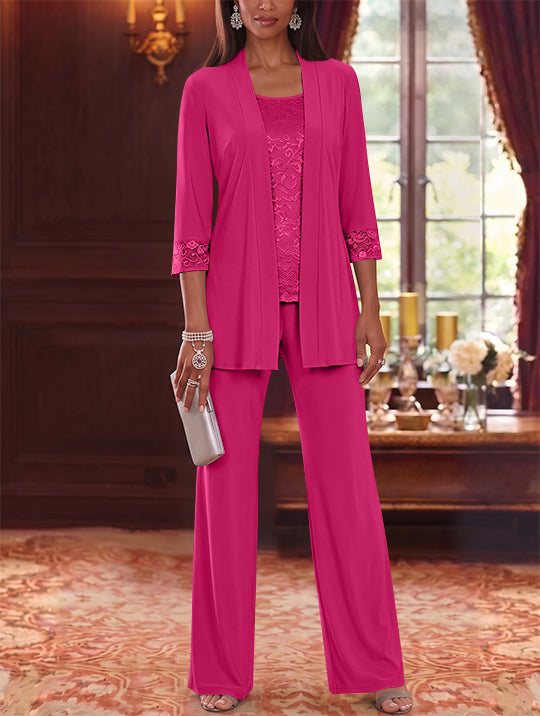 3 Pieces Scoop Chiffon Mother of the Bride Pantsuits with Jacket Lace 3/4 Sleeves Floor-Length