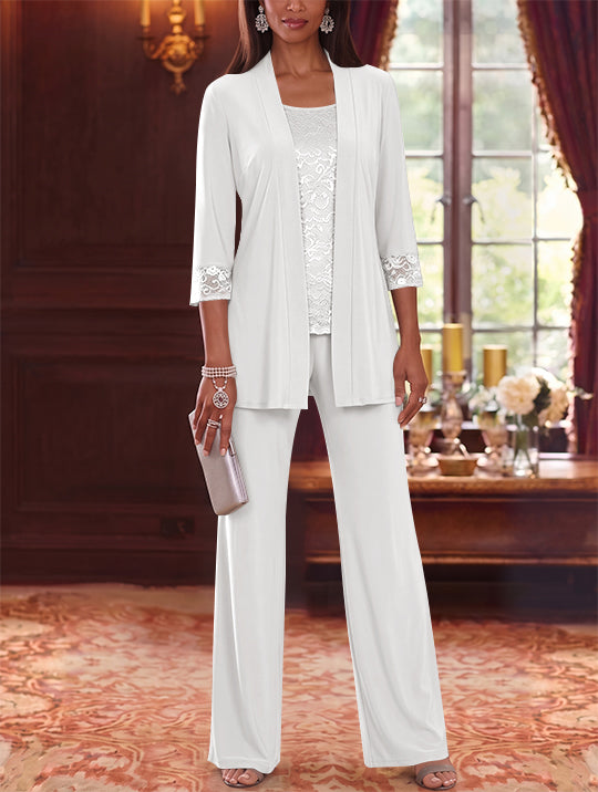 3 Pieces Scoop Chiffon Mother of the Bride Pantsuits with Jacket Lace 3/4 Sleeves Floor-Length