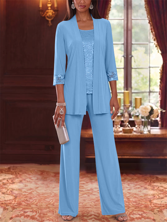 3 Pieces Scoop Chiffon Mother of the Bride Pantsuits with Jacket Lace 3/4 Sleeves Floor-Length