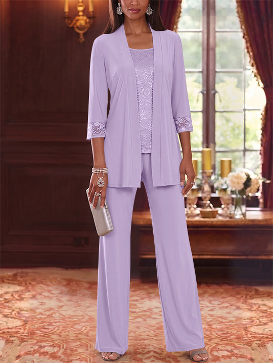 3 Pieces Scoop Chiffon Mother of the Bride Pantsuits with Jacket Lace 3/4 Sleeves Floor-Length