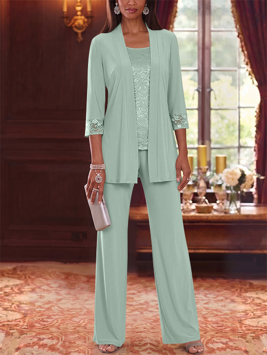 3 Pieces Scoop Chiffon Mother of the Bride Pantsuits with Jacket Lace 3/4 Sleeves Floor-Length