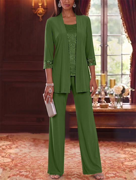 3 Pieces Scoop Chiffon Mother of the Bride Pantsuits with Jacket Lace 3/4 Sleeves Floor-Length
