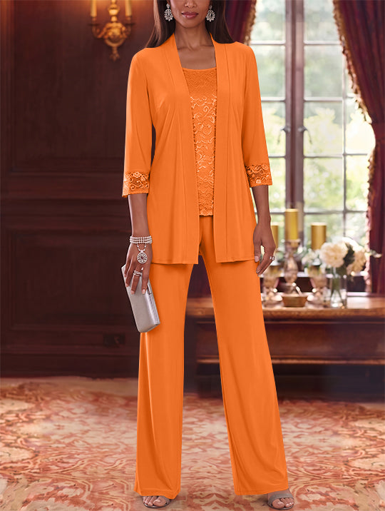 3 Pieces Scoop Chiffon Mother of the Bride Pantsuits with Jacket Lace 3/4 Sleeves Floor-Length