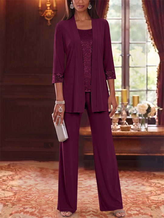 3 Pieces Scoop Chiffon Mother of the Bride Pantsuits with Jacket Lace 3/4 Sleeves Floor-Length