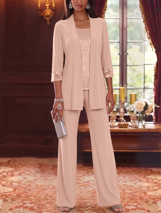 3 Pieces Scoop Chiffon Mother of the Bride Pantsuits with Jacket Lace 3/4 Sleeves Floor-Length